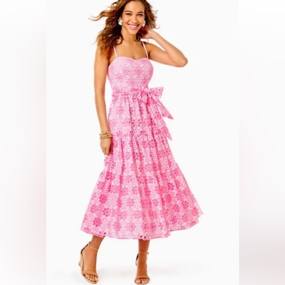Lilly Pulitzer Edith Midi Dress Pink Funflower Eyelet NWT - Picture 1 of 4